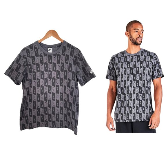 Nike T-Shirt Men Medium Gray Black All Over Print DR9974-021 Logo Swoosh AOP - Picture 1 of 12